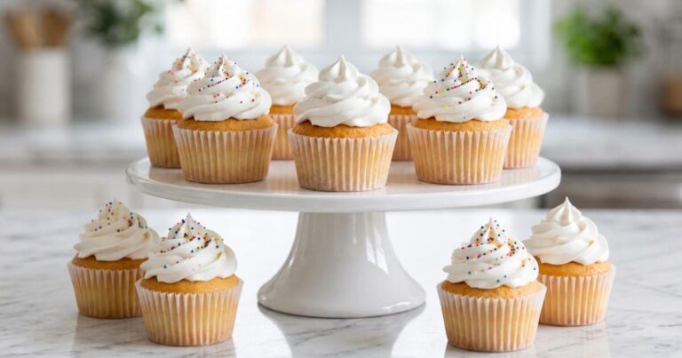 Marshmallow cupcakes with fluffy frosting on a white cake stand on a marble countertop