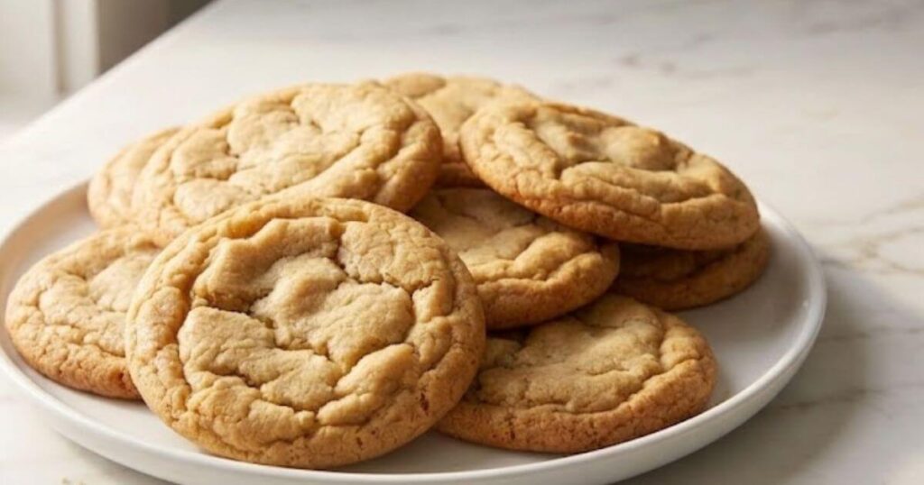 A white plate stacked with soft, golden-brown chipless cookies, highlighting the crinkly texture of this quick 30-minute bake.