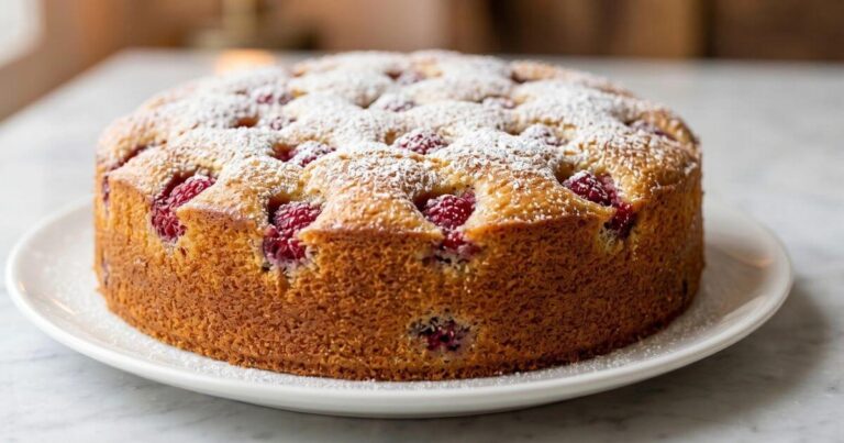 A single-layer raspberry cake dusted with powdered sugar on a white plate, set on a marble surface.