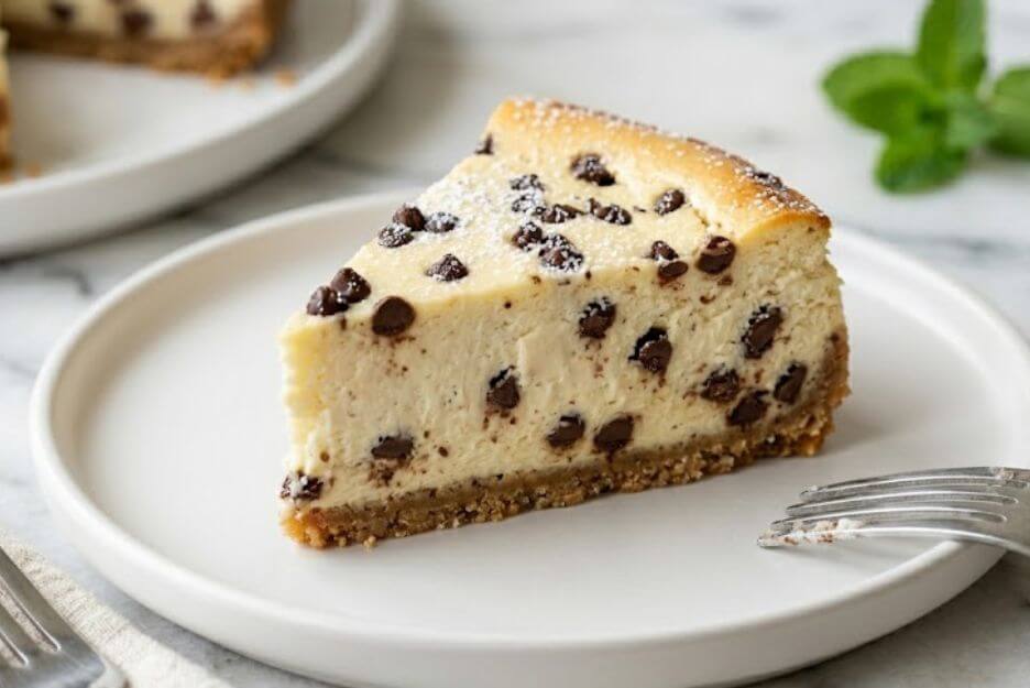 Slice of chocolate chip cheesecake