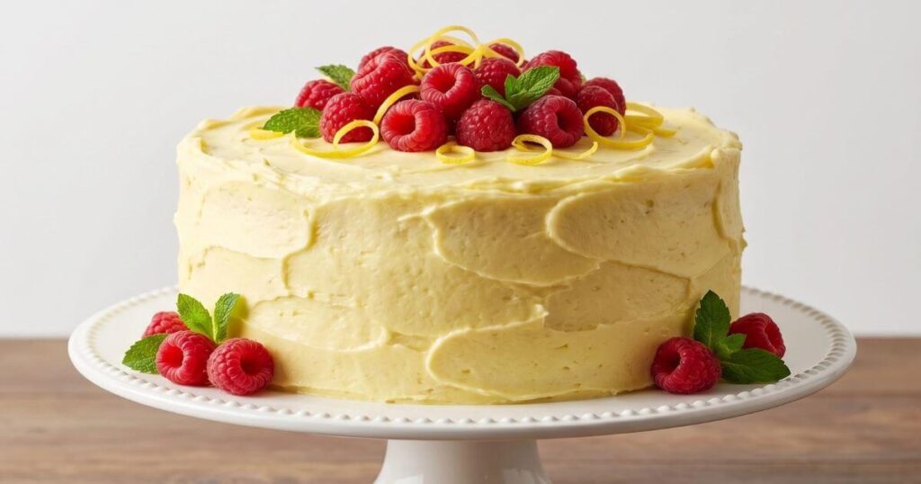 A beautiful lemon raspberry cake with pale yellow frosting, topped with fresh red raspberries, lemon zest curls, and mint leaves on a white cake stand.