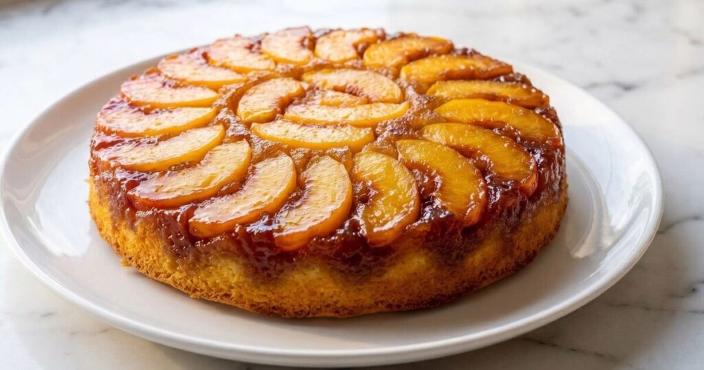 A golden brown peach upside-down cake topped with a circular pattern of caramelized peach slices, served on a white ceramic plate over a marble countertop.