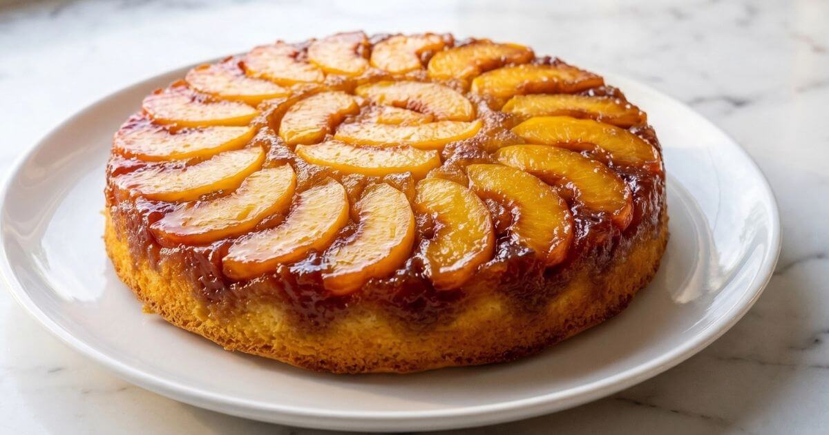 A golden brown peach upside-down cake topped with a circular pattern of caramelized peach slices, served on a white ceramic plate over a marble countertop.