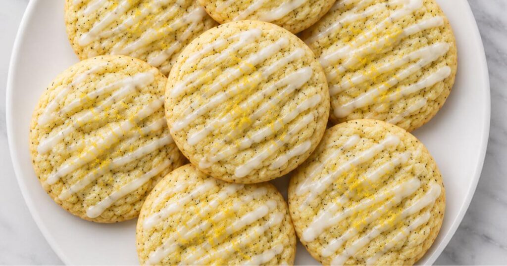 A top-down close-up of a white plate filled with soft lemon poppy seed cookies with lemon glaze, featuring a delicate white icing drizzle