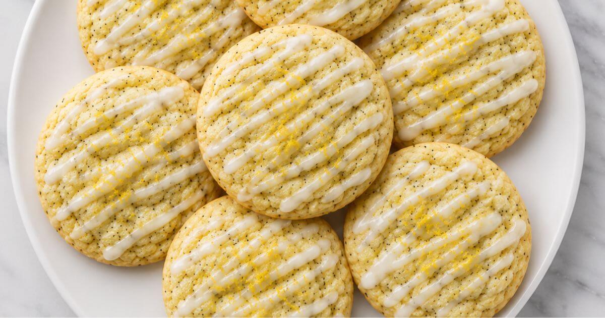 A top-down close-up of a white plate filled with soft lemon poppy seed cookies with lemon glaze, featuring a delicate white icing drizzle