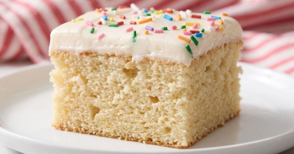 slice of the best vanilla sheet cake with fluffy buttercream frosting and colorful rainbow sprinkles, served on a white plate.