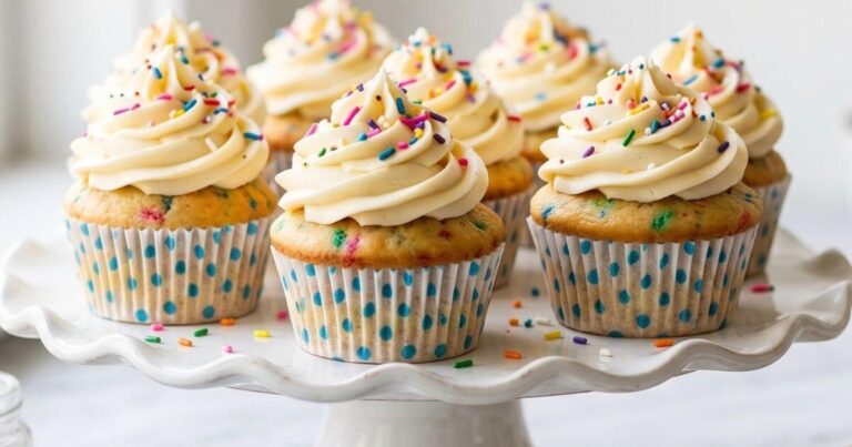 Homemade funfetti cupcakes with a light golden crumb, topped with swirls of vanilla frosting and colorful rainbow sprinkles, served on a white scalloped cake stand.