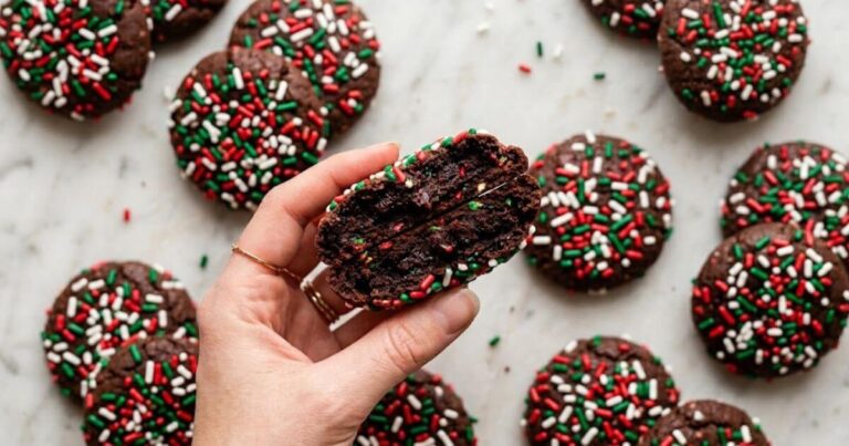 Chocolate Sprinkle Cookies with festive red, green, and white sprinkles
