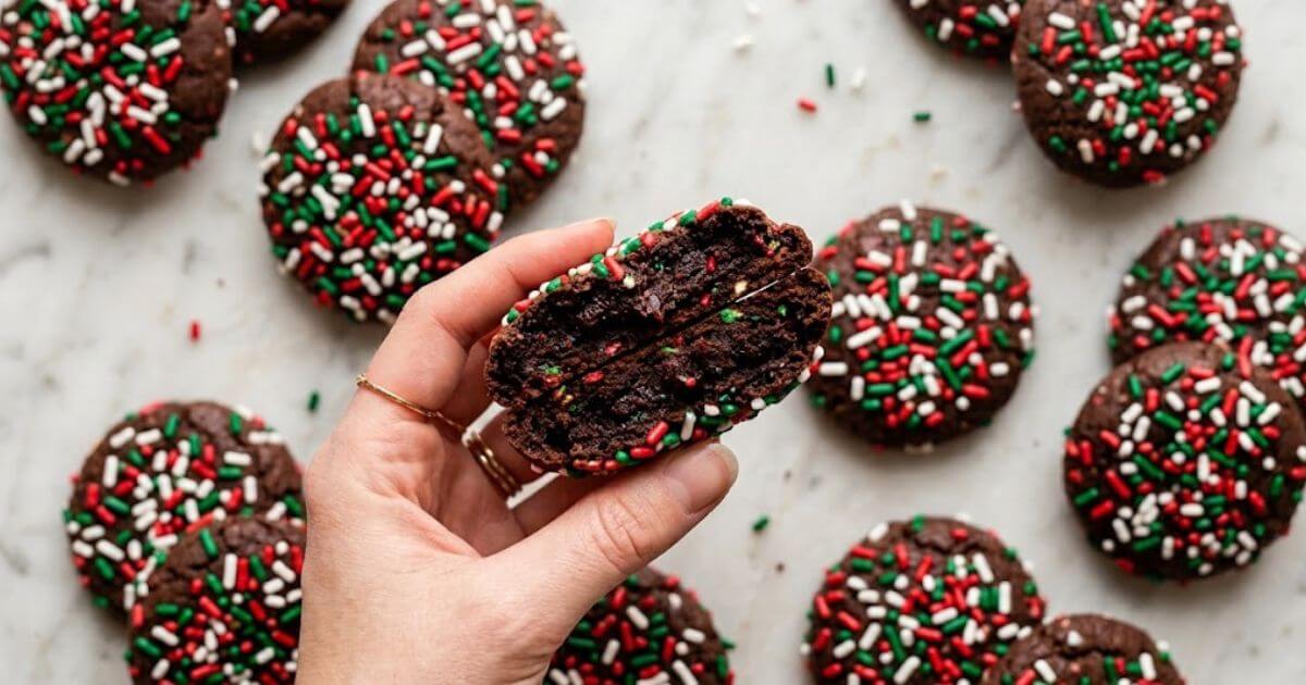 Chocolate Sprinkle Cookies with festive red, green, and white sprinkles