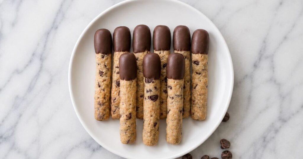 Cookie sticks with chocolate coating arranged on a white plate