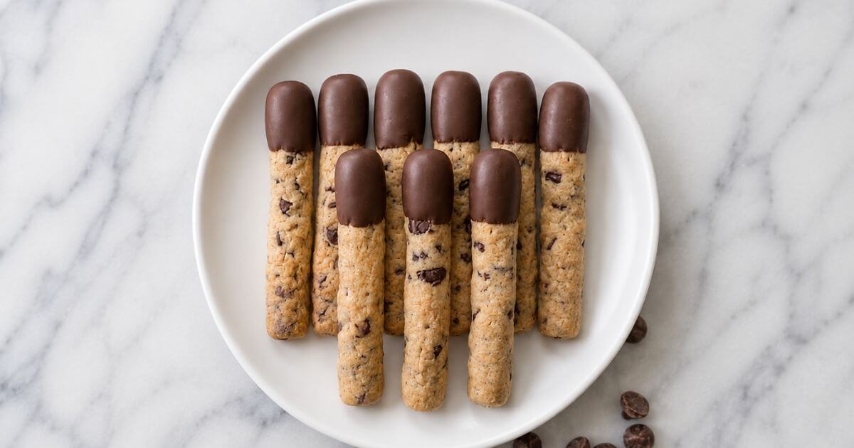 Cookie sticks with chocolate coating arranged on a white plate