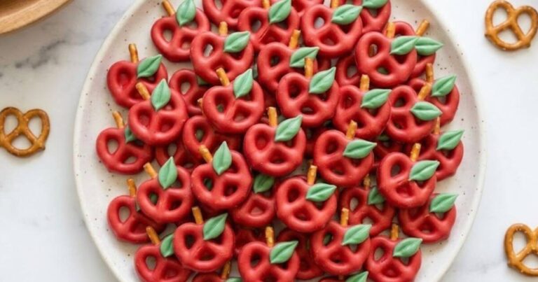 Overhead close-up shot of a white plate filled with red apple pretzel bites made with pretzel sticks and green candy melt leaves.