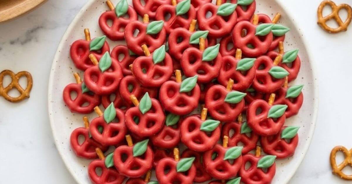 Overhead close-up shot of a white plate filled with red apple pretzel bites made with pretzel sticks and green candy melt leaves.