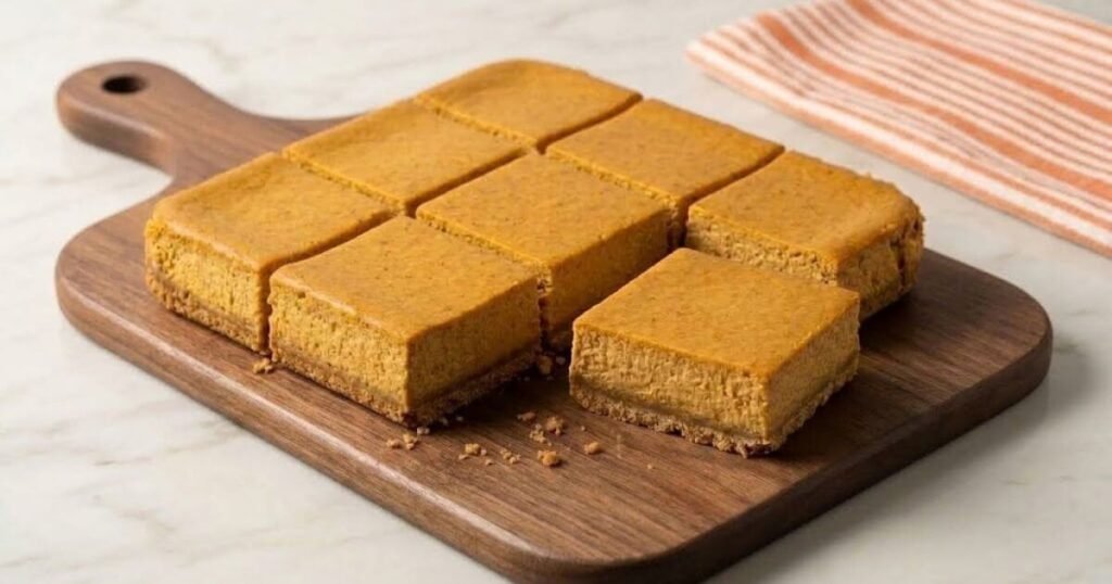 Sliced pumpkin cream cheese bars with a golden crust on a walnut cutting board