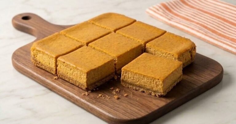 Sliced pumpkin cream cheese bars with a golden crust on a walnut cutting board