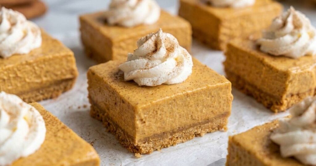 No Bake Pumpkin Bars: Easy Fall Treat topped with whipped cream and cinnamon
