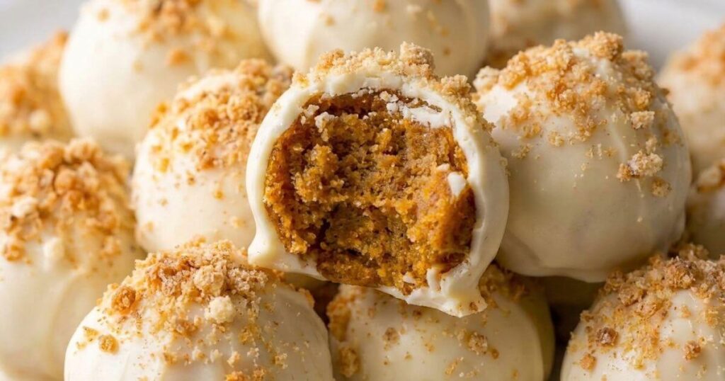No-bake pumpkin truffles coated in white chocolate and fine graham cracker crumbs, showing a soft pumpkin spice center with a bite taken out.
