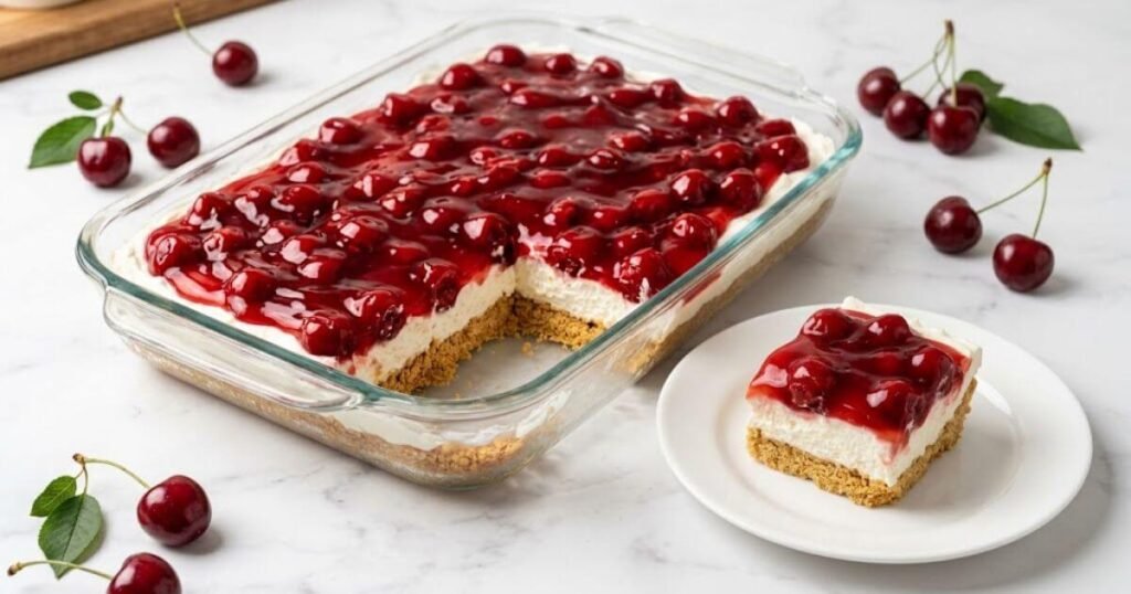 Easy no bake cherry delight recipe in a glass dish with a graham cracker crust and one slice served on a plate