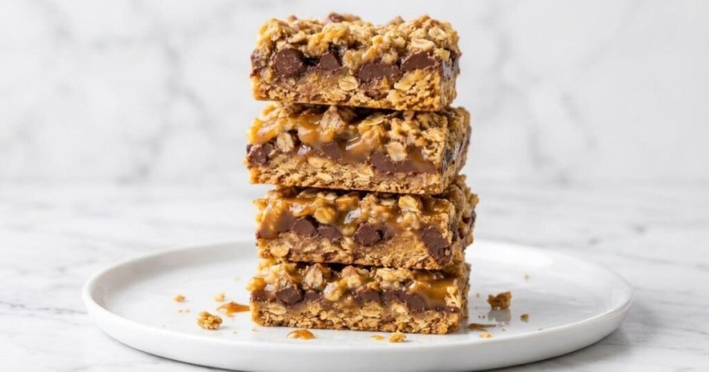 A stack of four homemade caramel chocolate oat Carmelita bars on a white ceramic plate over a marble background.