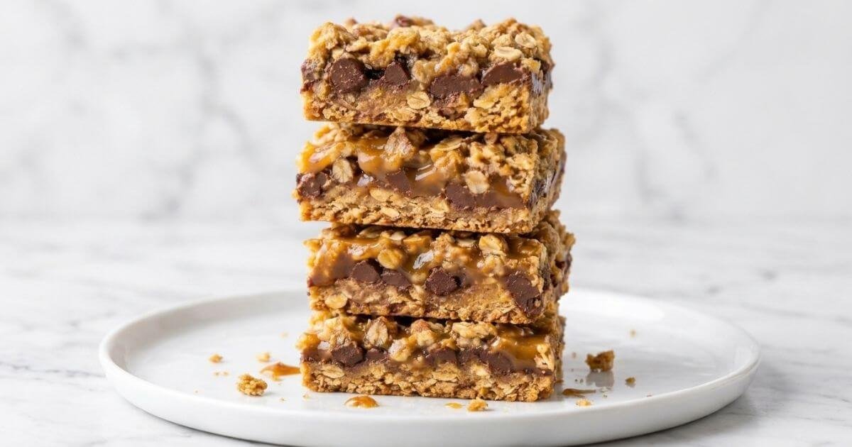 A stack of four homemade caramel chocolate oat Carmelita bars on a white ceramic plate over a marble background.