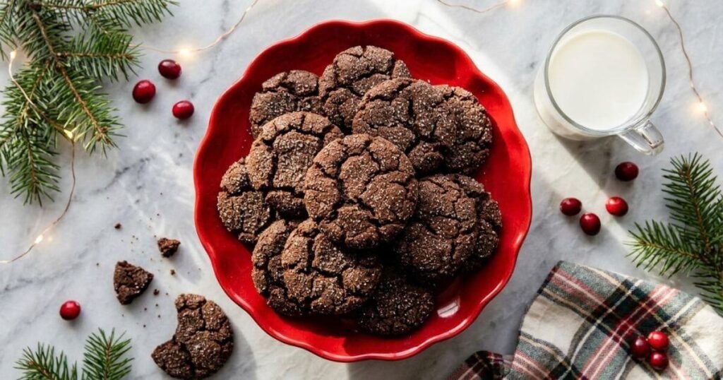 Chocolate gingerbread cookies with crackly sugar tops on a red plate with a glass of milk