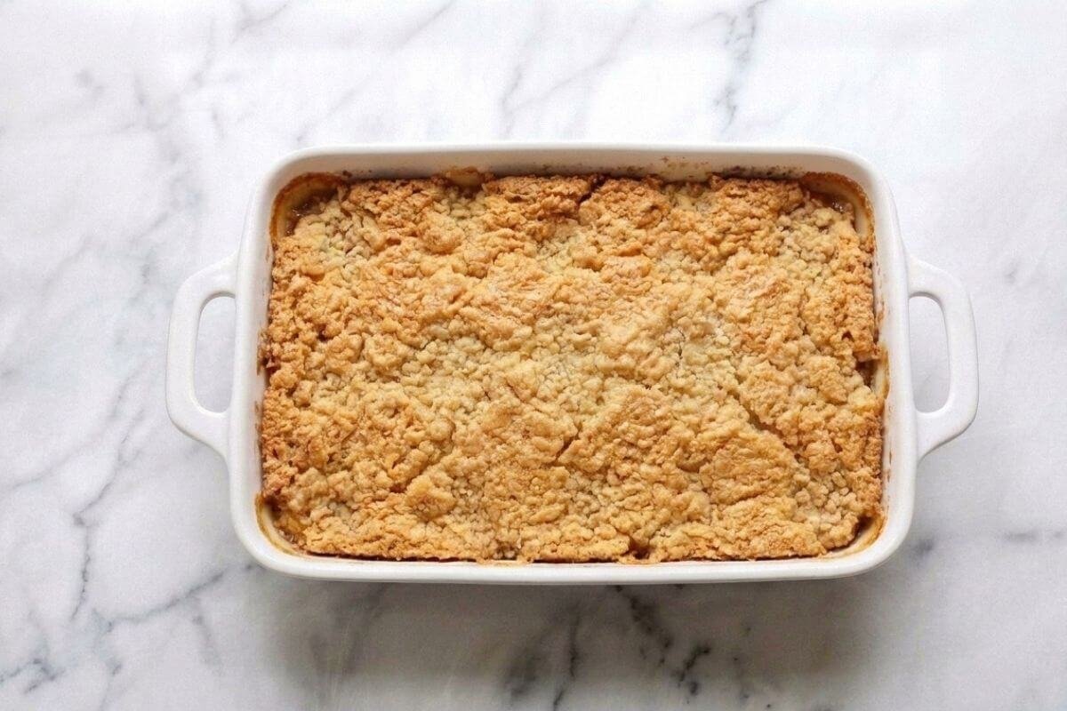 Pineapple dump cake in a baking dish