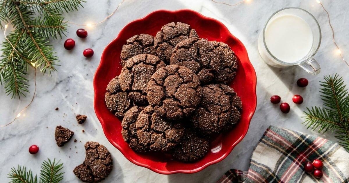 Chocolate gingerbread cookies with crackly sugar tops on a red plate with a glass of milk