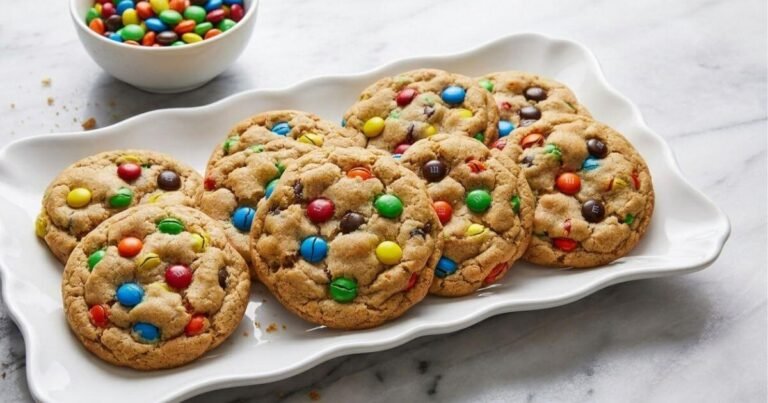 Soft and chewy M&M cookies on a white platter with a bowl of colorful candies