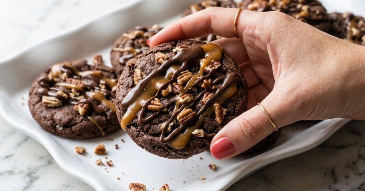 The Best Turtle Cookies Recipe in 30 Minutes with chocolate drizzle, caramel, and chopped pecans